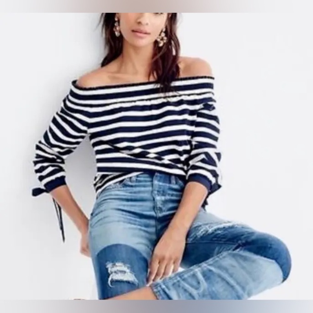 J.CREW Off the Shoulder Navy & White Striped Top 3/4 Tie Sleeves Size XS